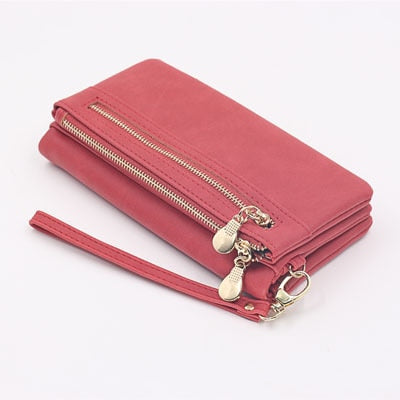 Fashion Wallet Women Leather Double Zipper Coin Phone Pocket Ladies Purse Clutch Women Wallets Card Holder Wristlet Handbag W070