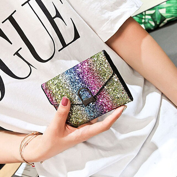 Designer womens glitter sequins bags ladies leather wallets card holder clutch mini purses and handbags short wallet for female